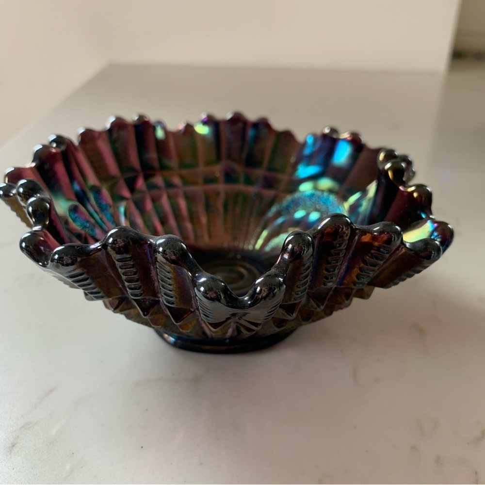 Amethyst Imperial Carnival Glass - Scroll Embossed Ruffled Iridescent Bowl